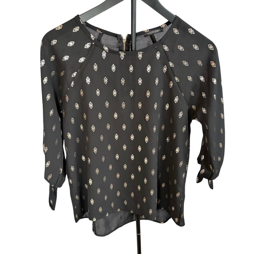 Papermoon womens black gold geometric 3/4 sleeve blouse. Size XS. workwear
